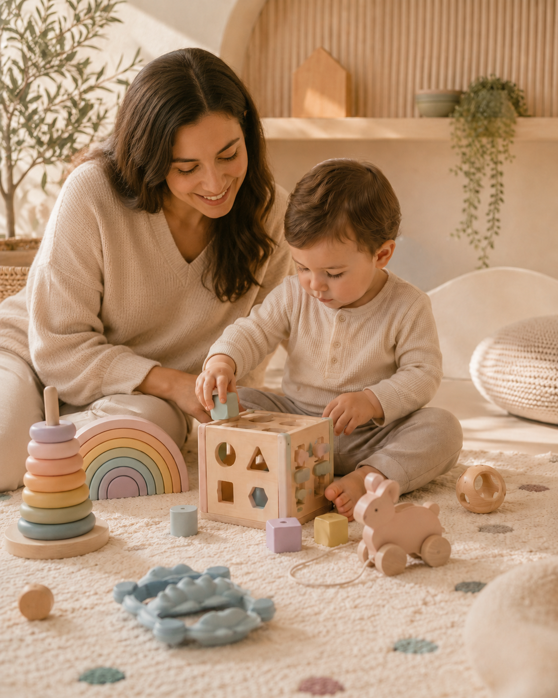 ילדים משחקים בצעצועי עץ התפתחותיים של kidkid